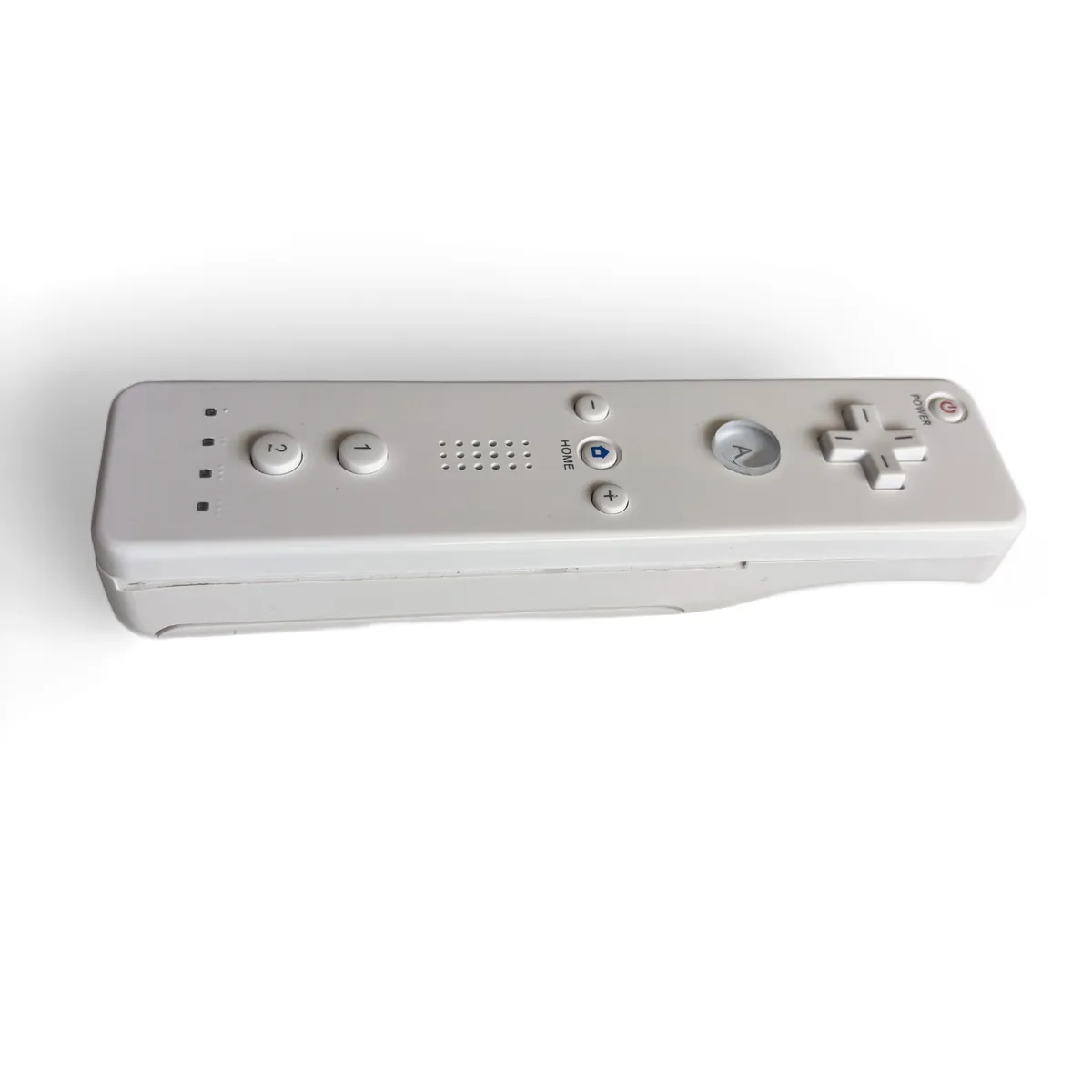 A closed Wii Remote with OpenMote inside, button side up. From the outside it looks like the original.